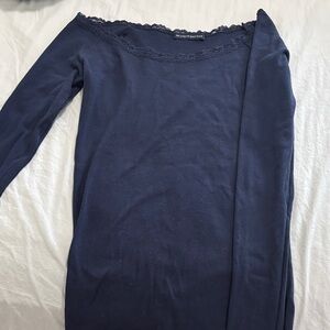 Brandy Melville Navy Off-Shoulder Lace Trim Long Sleeve Top